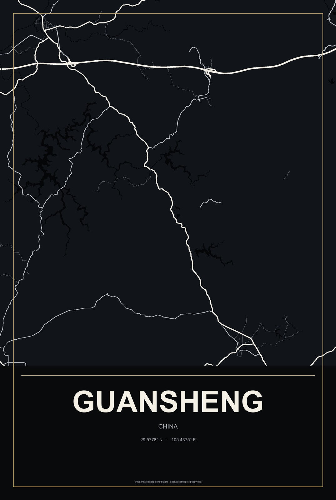 Guansheng, China City Map Aluminum Sign in Metropolitan Noir style
