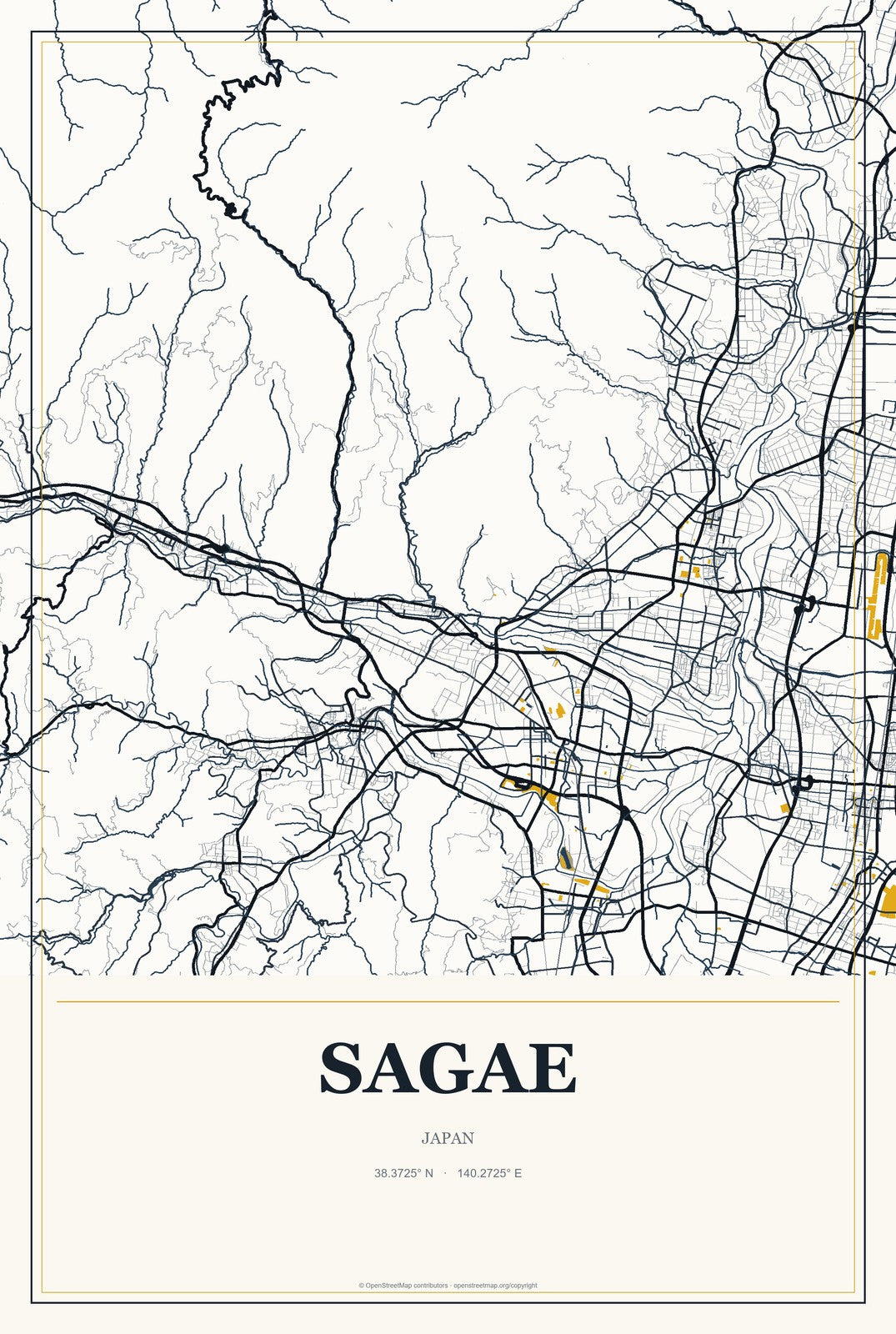 Sagae, Japan City Map Aluminum Sign in Citrine Modern style