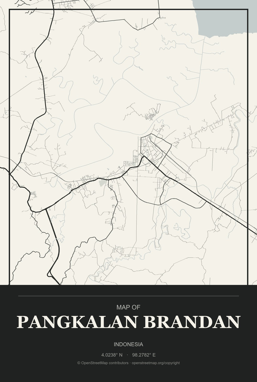 Pangkalan Brandan, Indonesia City Map Aluminum Sign in Museum Plaque style