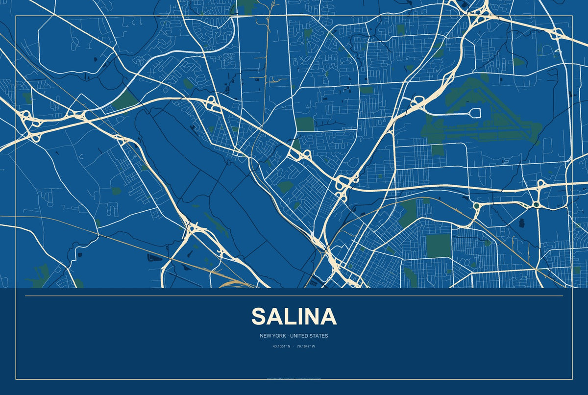 Salina, New York City Map Aluminum Sign in Harbor Cobalt style