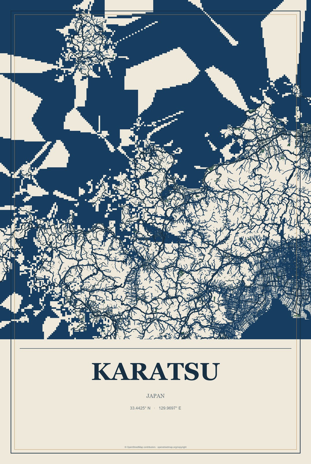 Karatsu, Japan City Map Aluminum Sign in Coastal Cutout style