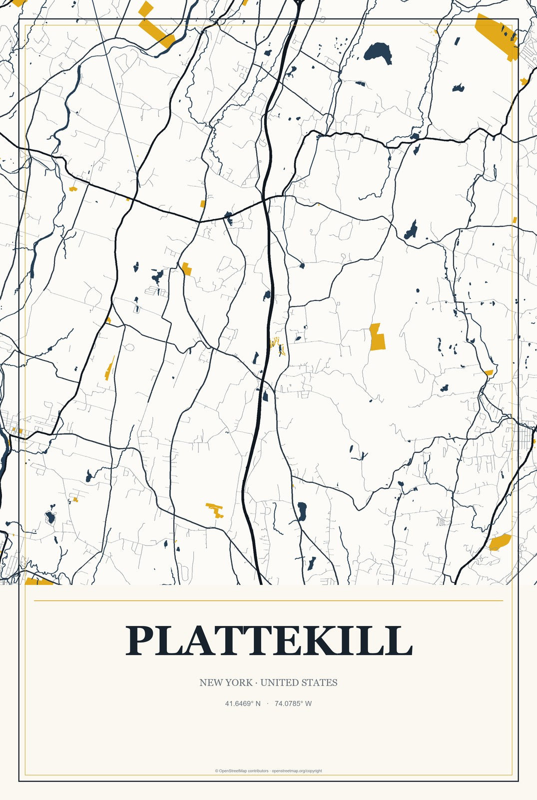 Plattekill, New York City Map Aluminum Sign in Citrine Modern style