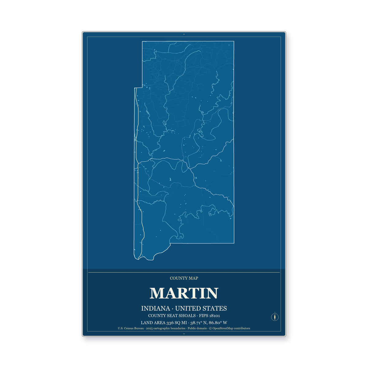 Martin County, Indiana Map Aluminum Sign in Harbor Cobalt style