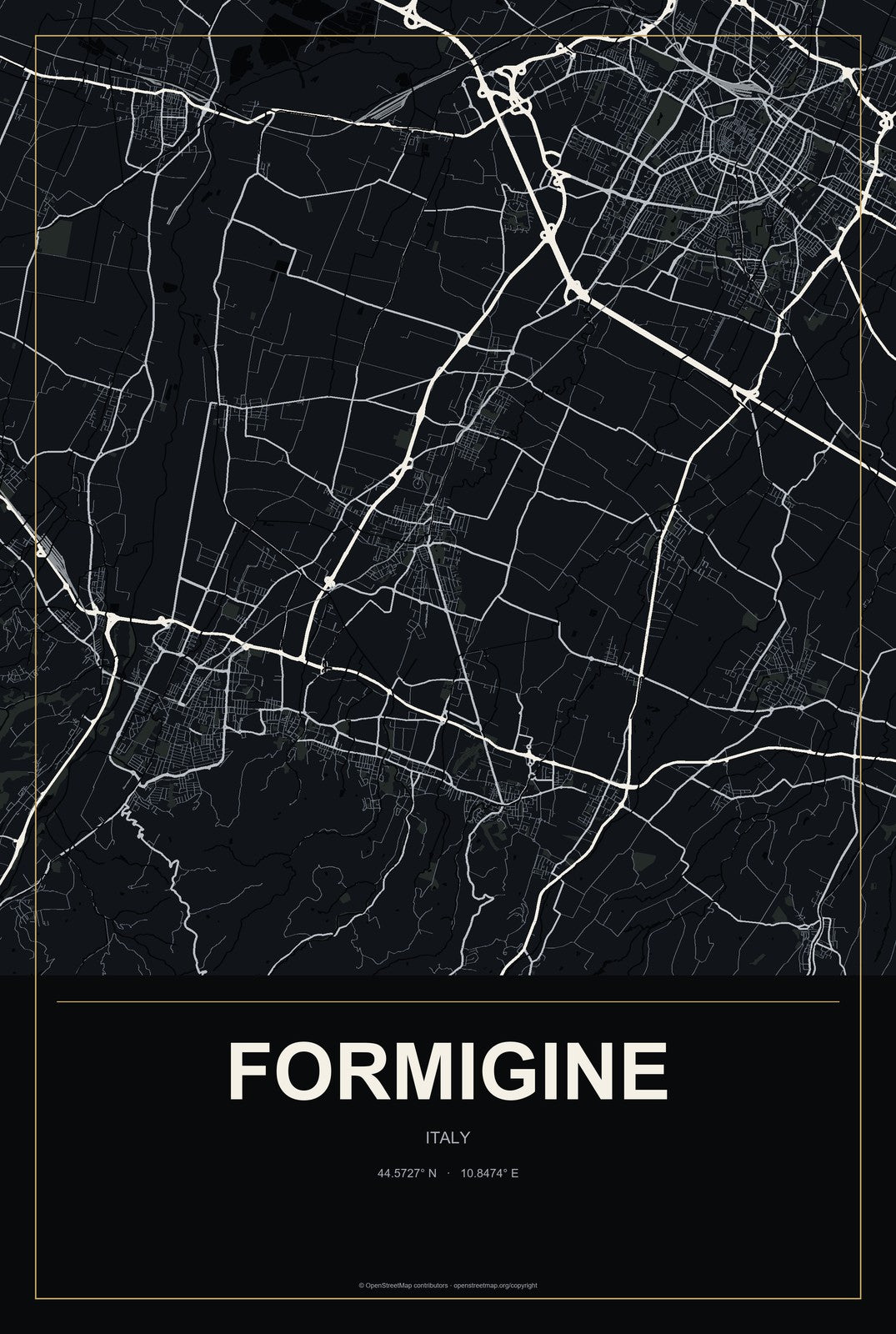 Formigine, Italy City Map Aluminum Sign in Metropolitan Noir style