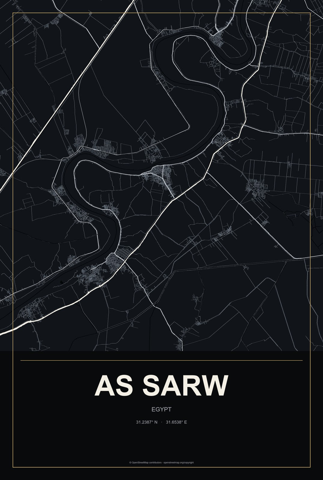 As Sarw, Egypt City Map Aluminum Sign in Metropolitan Noir style