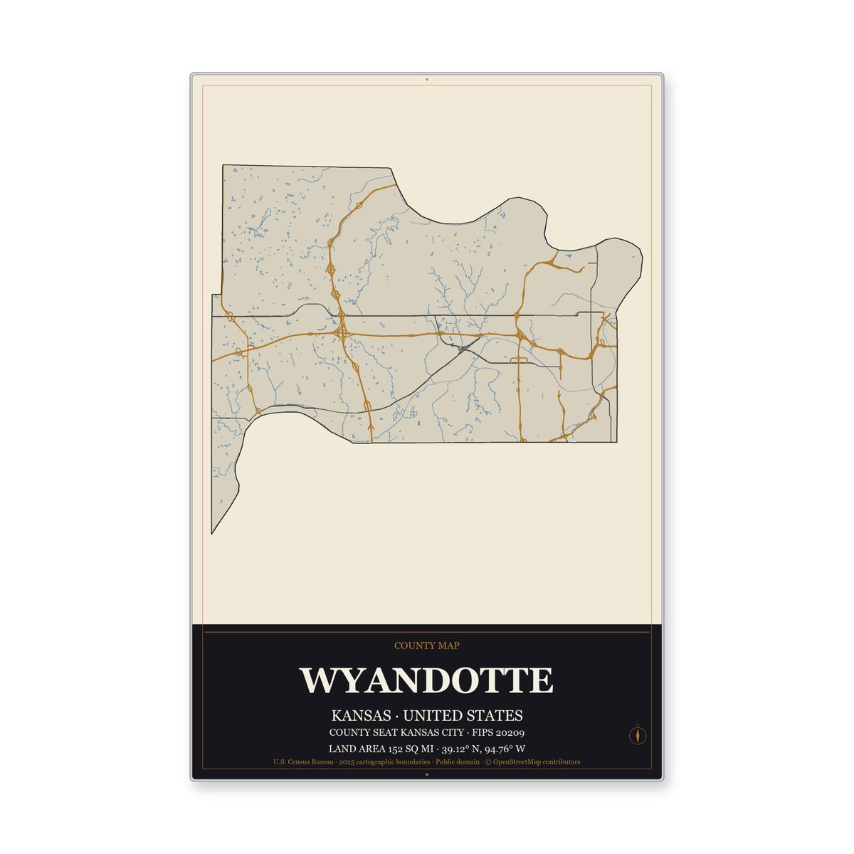Wyandotte County, Kansas Map Aluminum Sign in Museum Plaque style