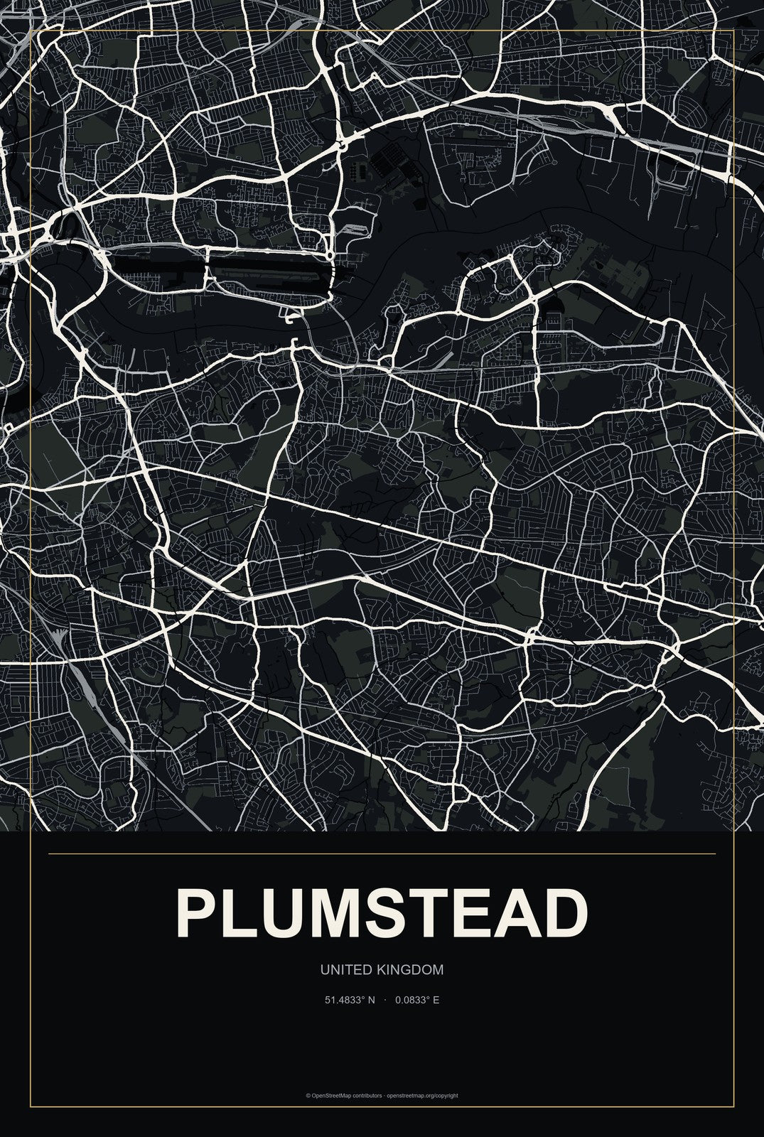 Plumstead, United Kingdom City Map Aluminum Sign in Metropolitan Noir style