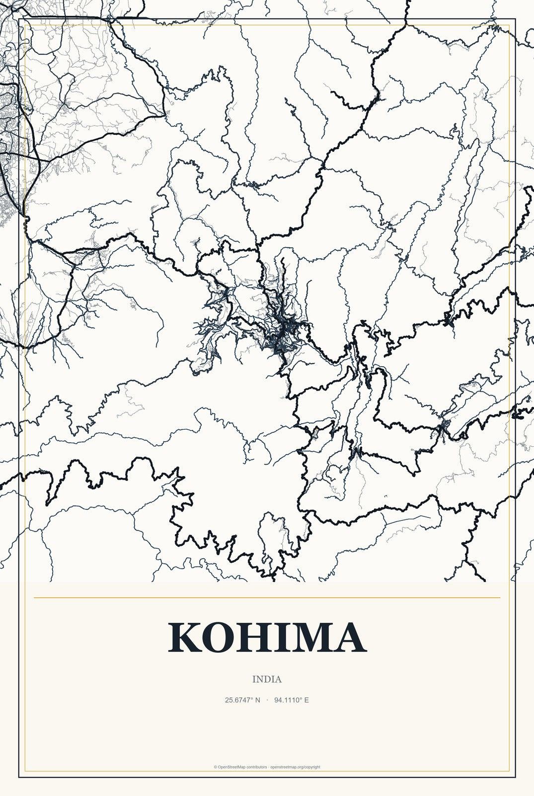 Kohima, India City Map Aluminum Sign in Citrine Modern style