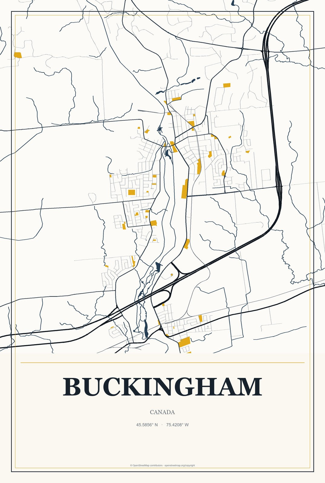 Buckingham, Canada City Map Aluminum Sign in Citrine Modern style