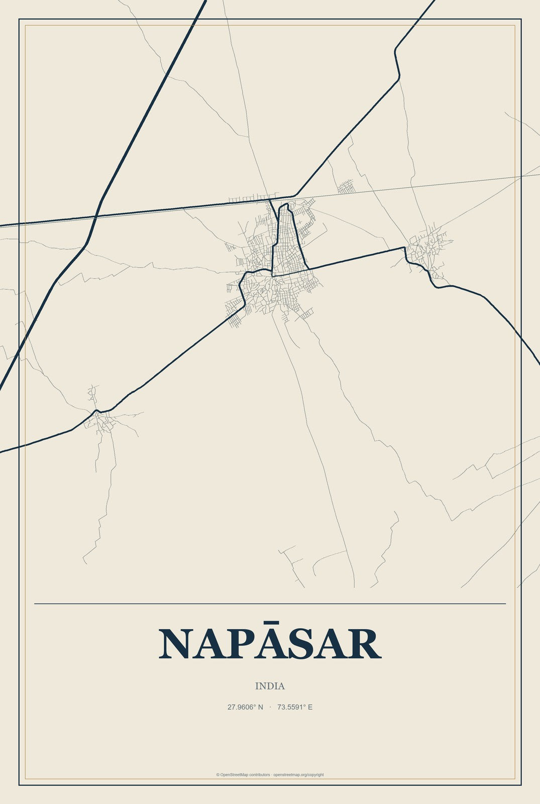 Napāsar, India City Map Aluminum Sign in Coastal Cutout style