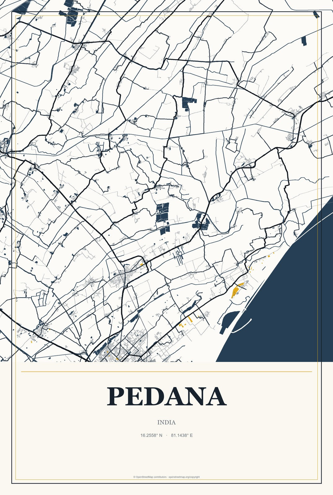Pedana, India City Map Aluminum Sign in Citrine Modern style