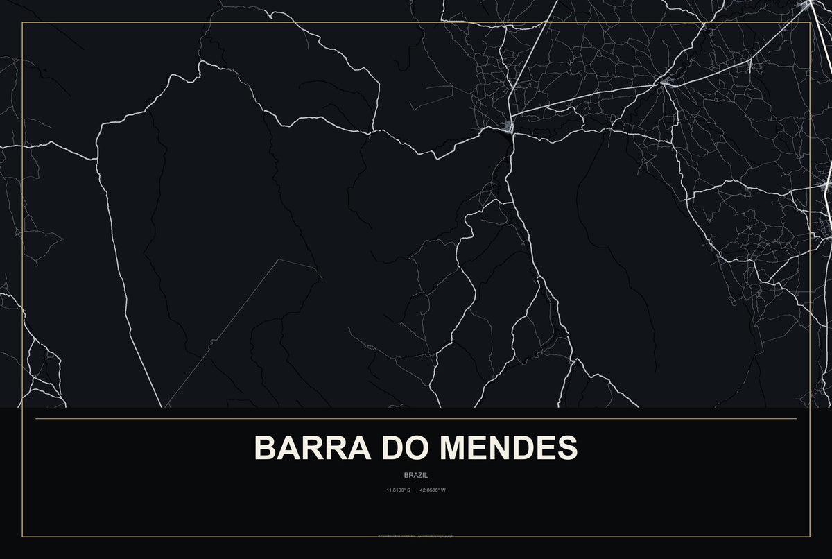 Barra do Mendes, Brazil City Map Aluminum Sign in Metropolitan Noir style