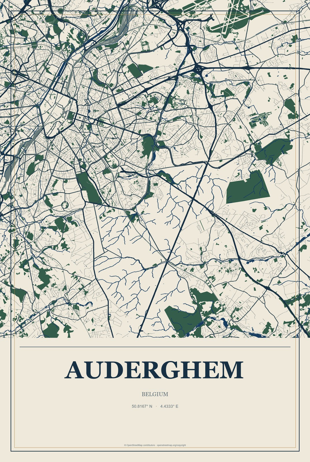 Auderghem, Belgium City Map Aluminum Sign in Coastal Cutout style