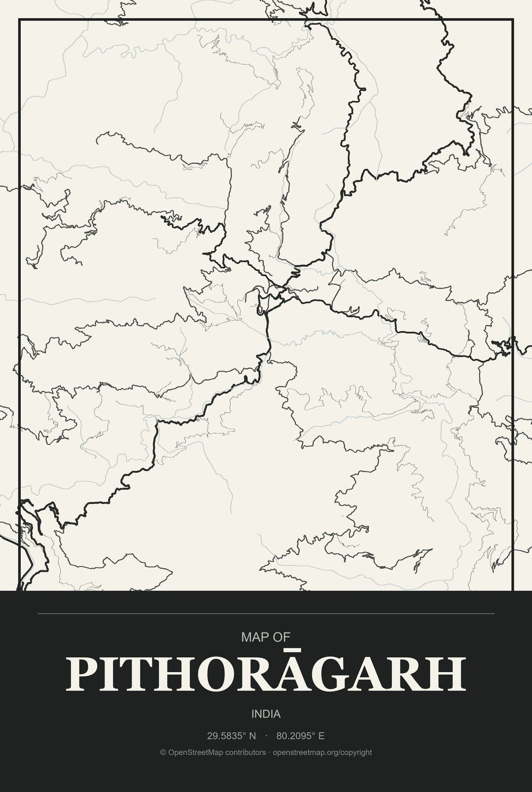 Pithorāgarh, India City Map Aluminum Sign in Museum Plaque style