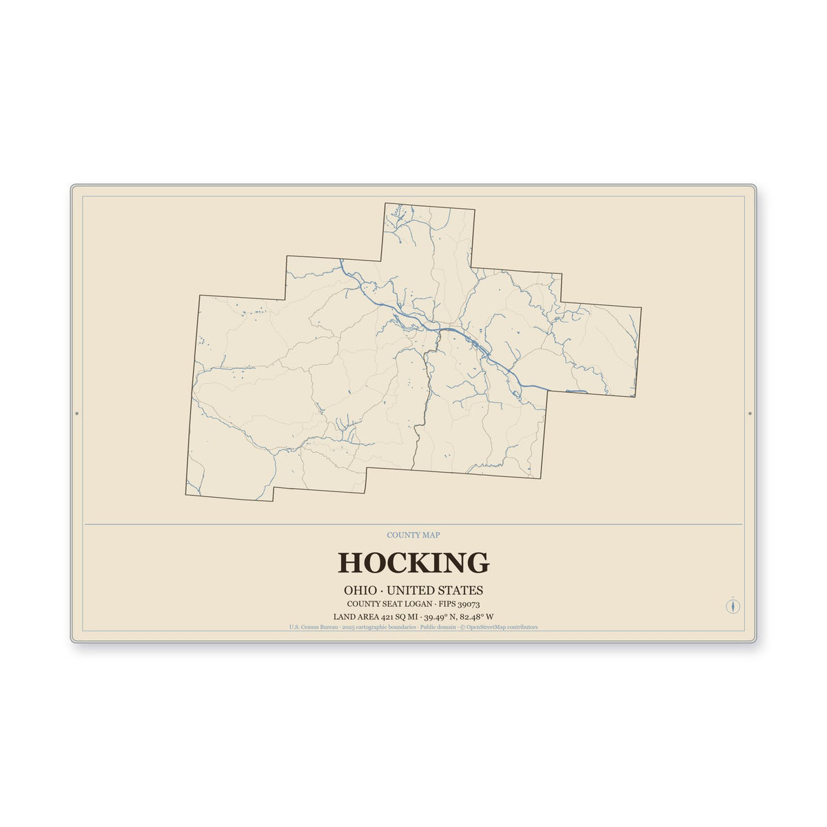 Hocking County, Ohio Map Aluminum Sign in Heritage Nautical style
