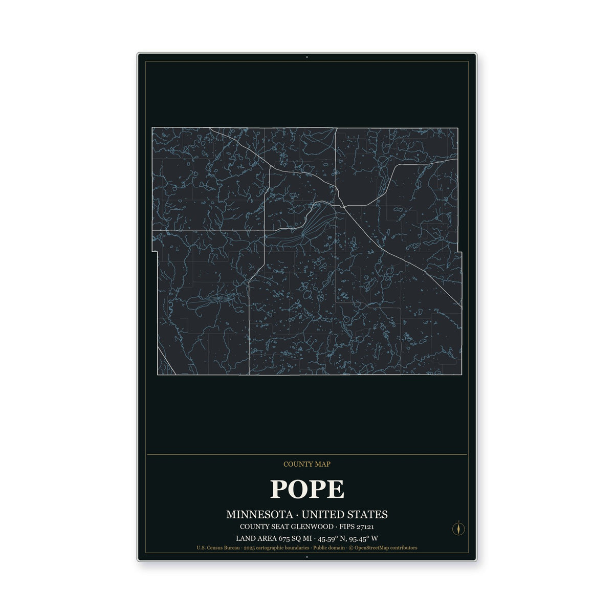 Pope County, Minnesota Map Aluminum Sign in Metropolitan Noir style