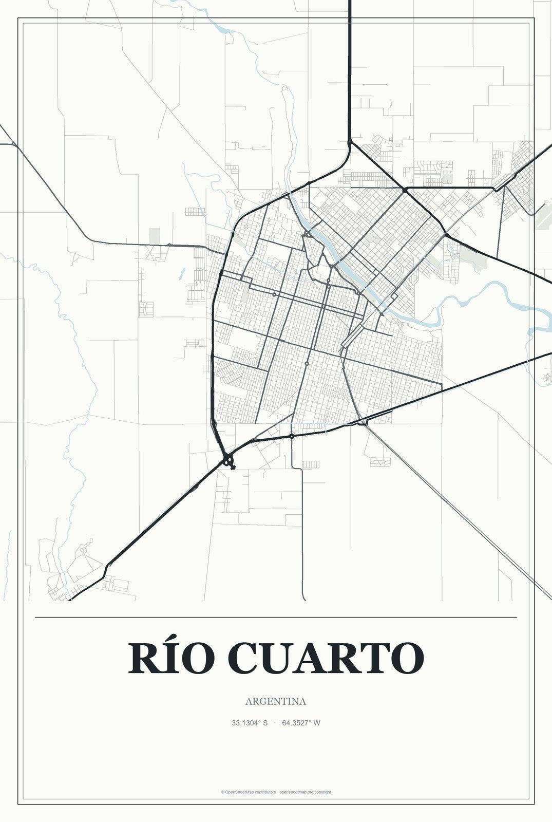Río Cuarto, Argentina City Map Aluminum Sign in Gallery Air style