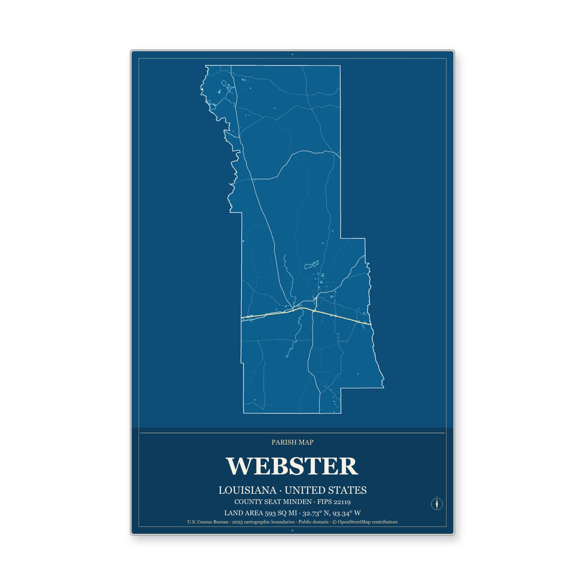 Webster Parish, Louisiana Map Aluminum Sign in Harbor Cobalt style