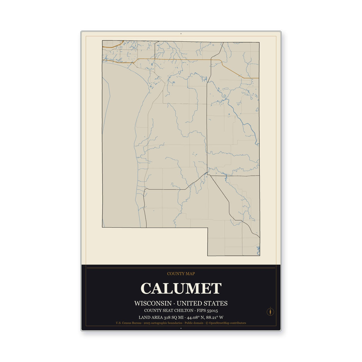 Calumet County, Wisconsin Map Aluminum Sign in Museum Plaque style