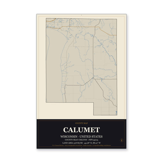 Calumet County, Wisconsin Map Aluminum Sign in Museum Plaque style