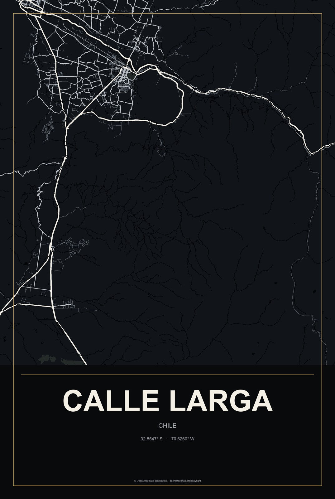Calle Larga, Chile City Map Aluminum Sign in Metropolitan Noir style