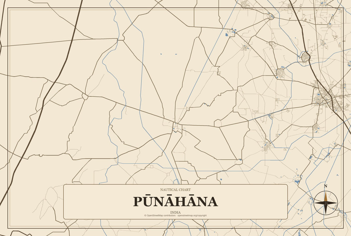 Pūnāhāna, India City Map Aluminum Sign in Heritage Nautical style