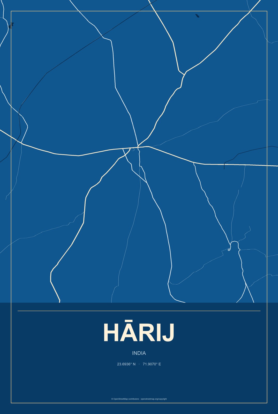 Hārij, India City Map Aluminum Sign in Harbor Cobalt style