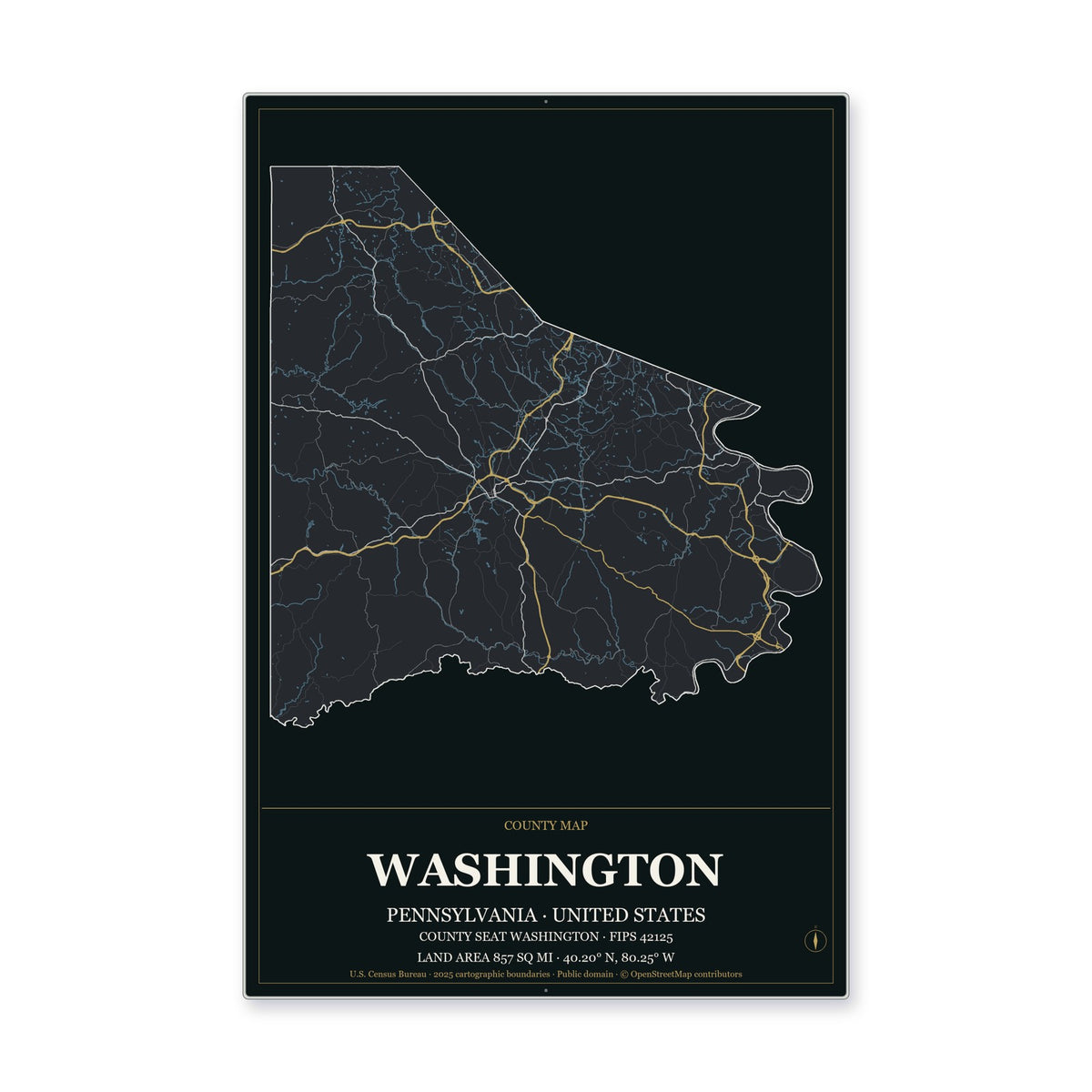 Washington County, Pennsylvania Map Aluminum Sign in Metropolitan Noir style