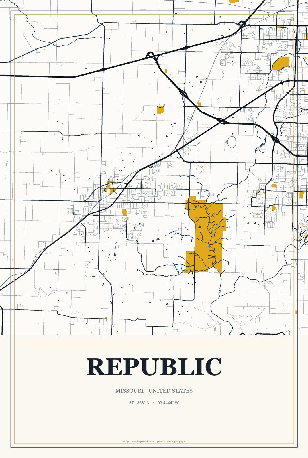 Republic, Missouri City Map Aluminum Sign in Citrine Modern style