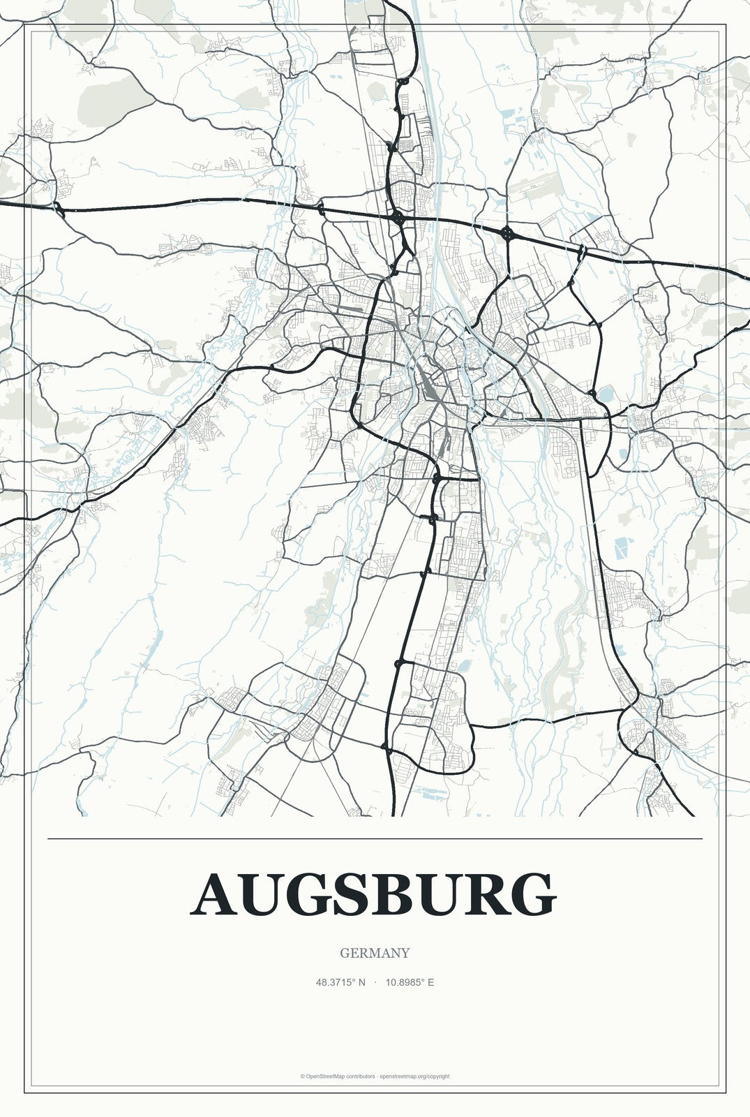 Augsburg, Germany City Map Aluminum Sign in Gallery Air style
