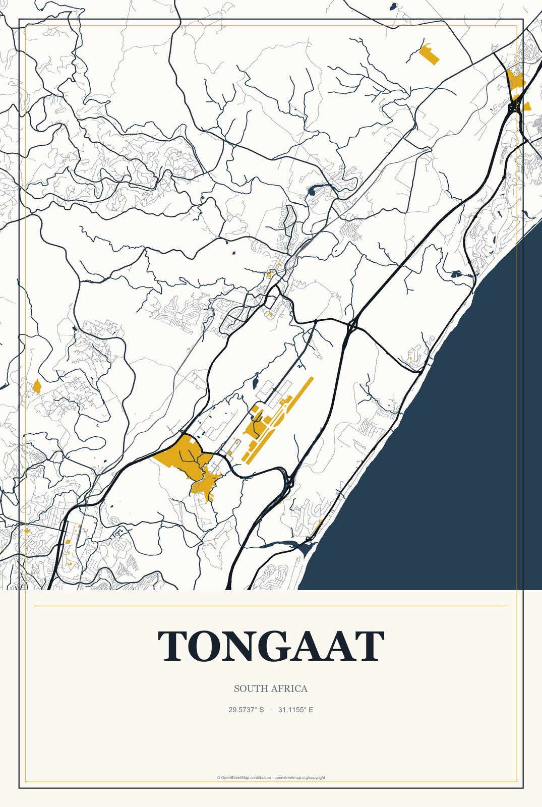 Tongaat, South Africa City Map Aluminum Sign in Citrine Modern style