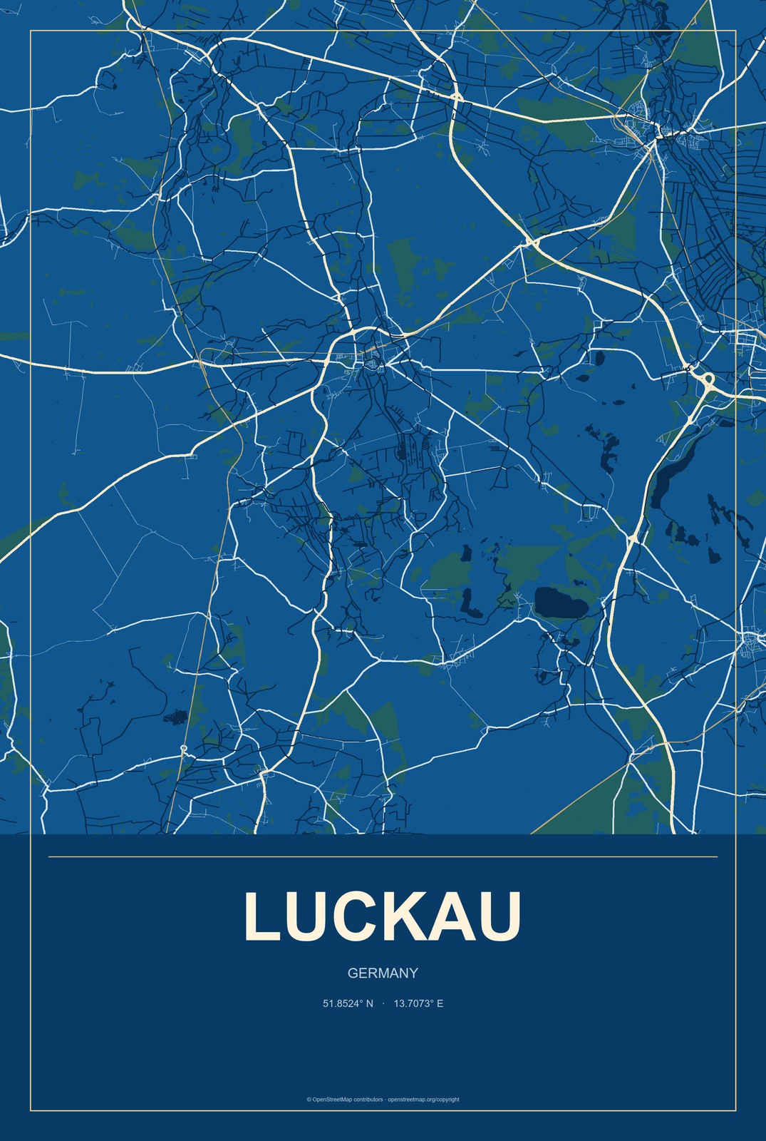 Luckau, Germany City Map Aluminum Sign in Harbor Cobalt style
