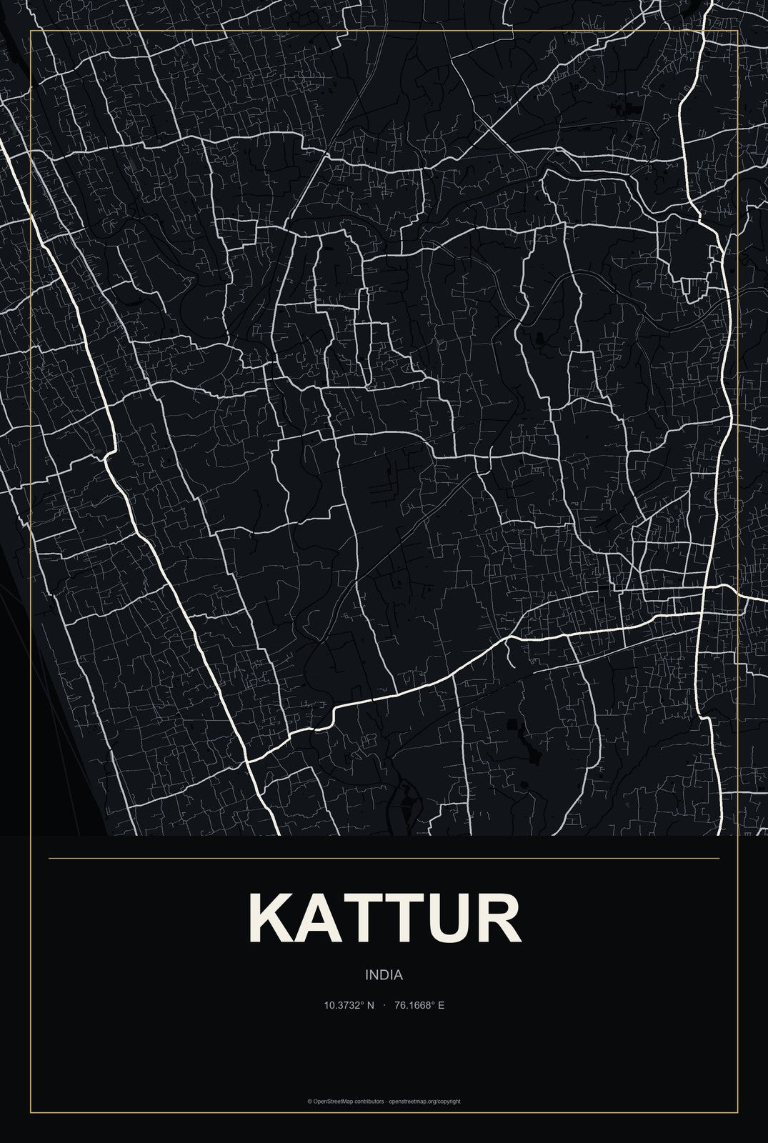 Kattur, India City Map Aluminum Sign in Metropolitan Noir style