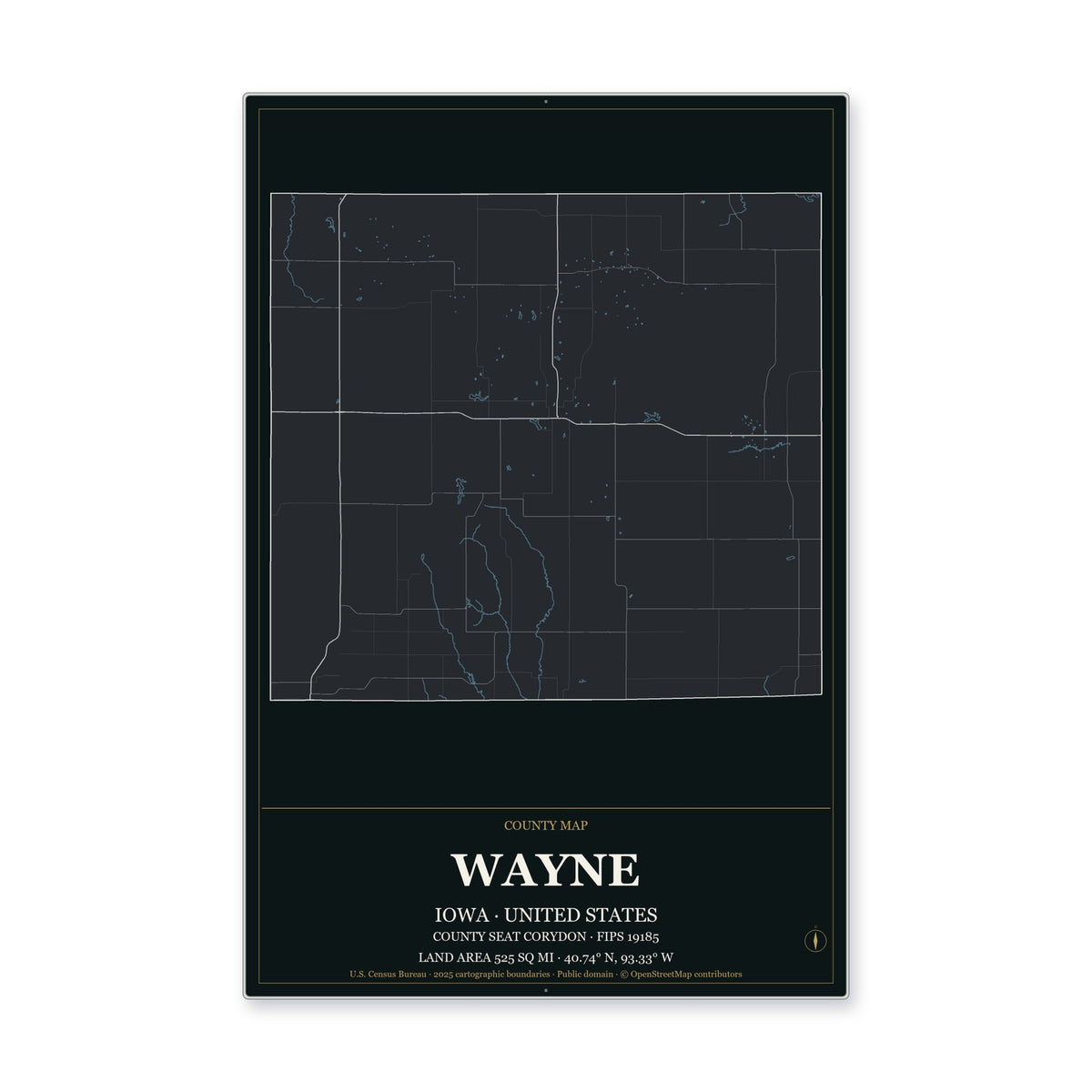 Wayne County, Iowa Map Aluminum Sign in Metropolitan Noir style