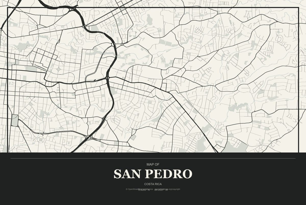 San Pedro, Costa Rica City Map Aluminum Sign in Museum Plaque style