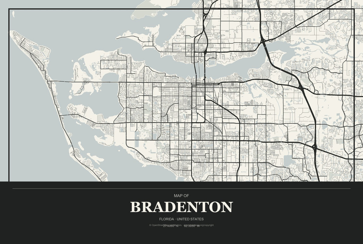 Bradenton, Florida City Map Aluminum Sign in Museum Plaque style