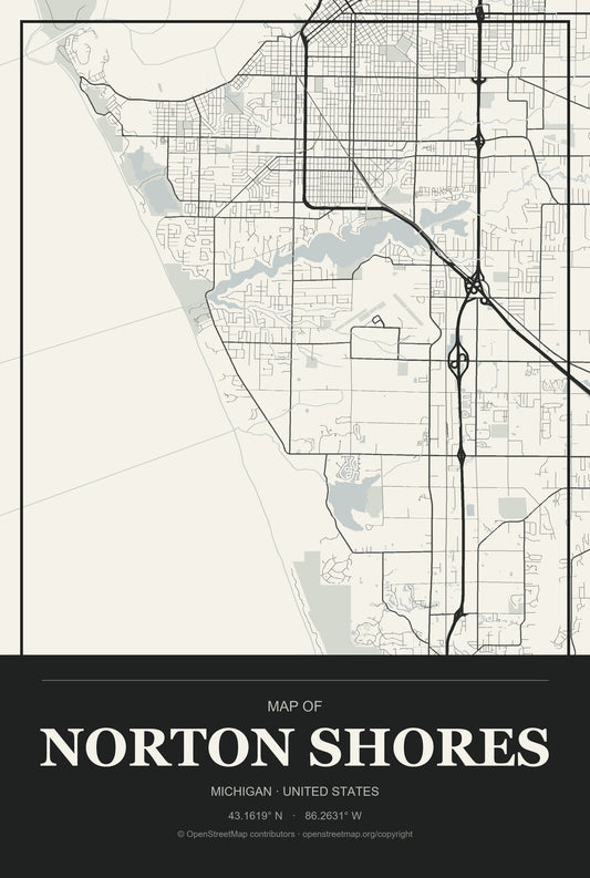 Norton Shores, Michigan City Map Aluminum Sign in Museum Plaque style