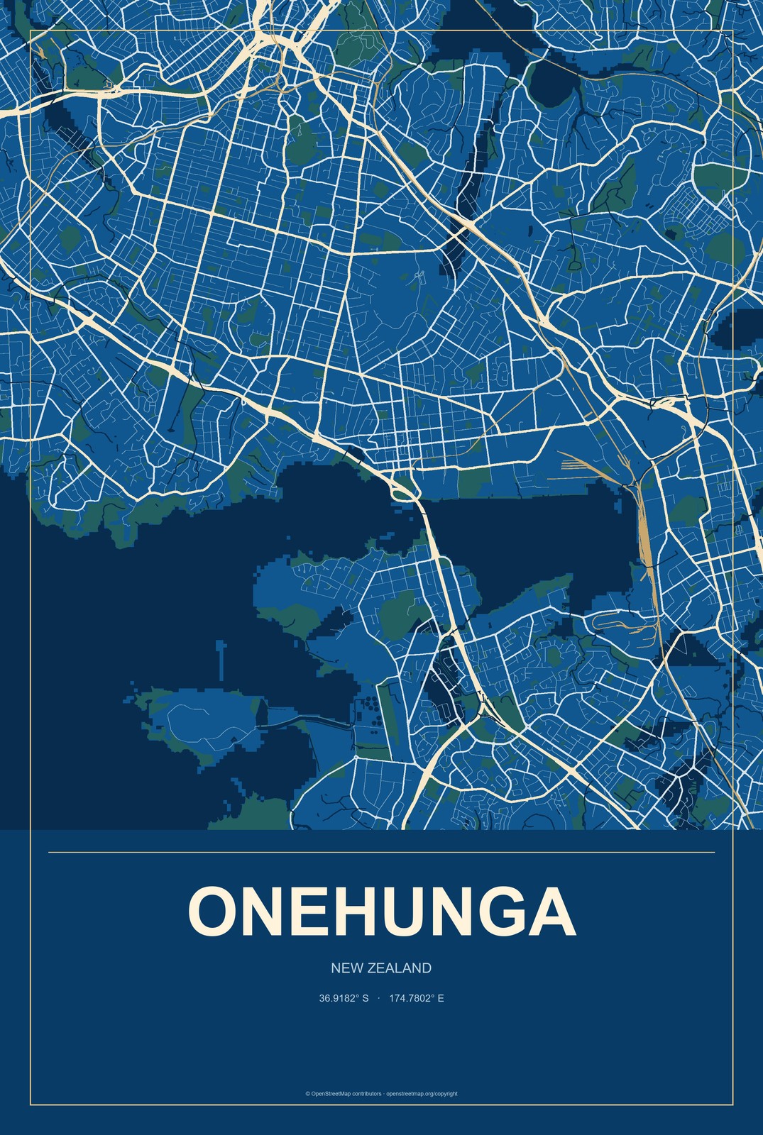 Onehunga, New Zealand City Map Aluminum Sign in Harbor Cobalt style