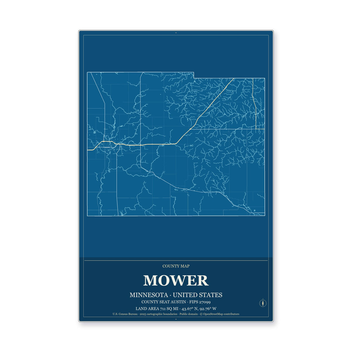 Mower County, Minnesota Map Aluminum Sign in Harbor Cobalt style