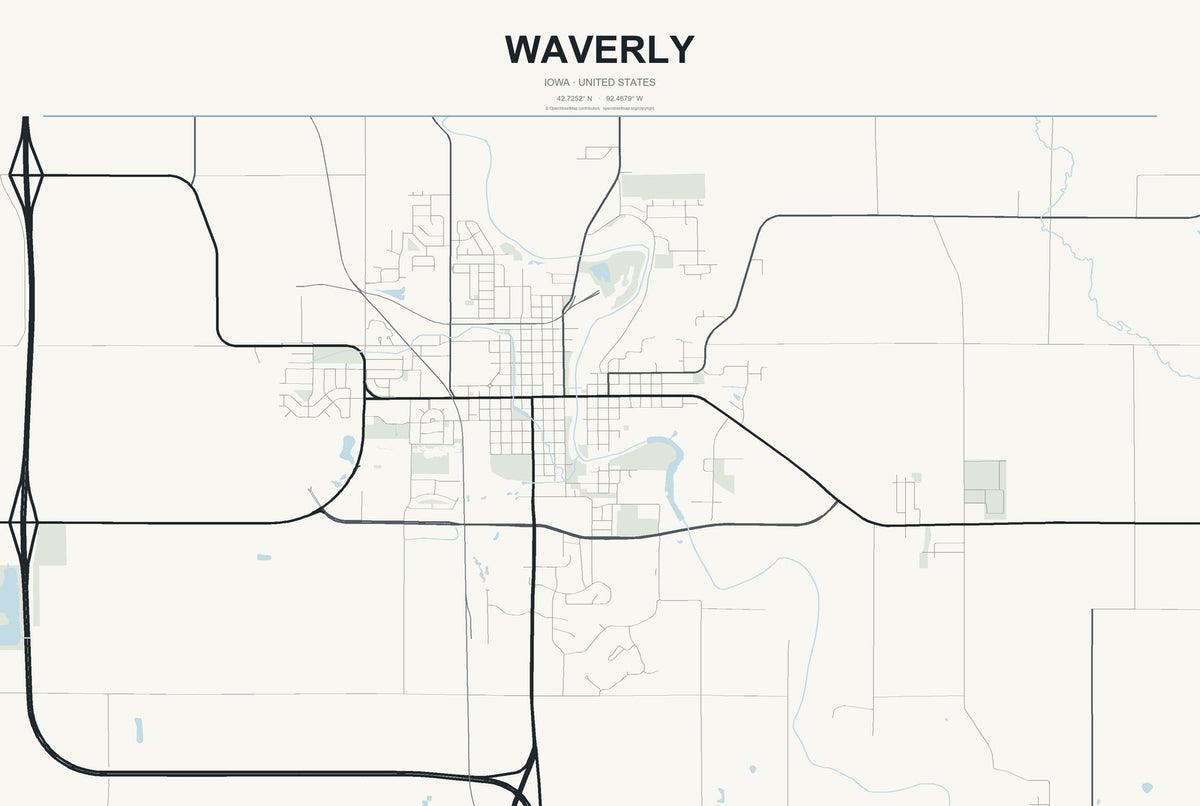 Waverly, Iowa City Map Aluminum Sign in Headline Atlas style