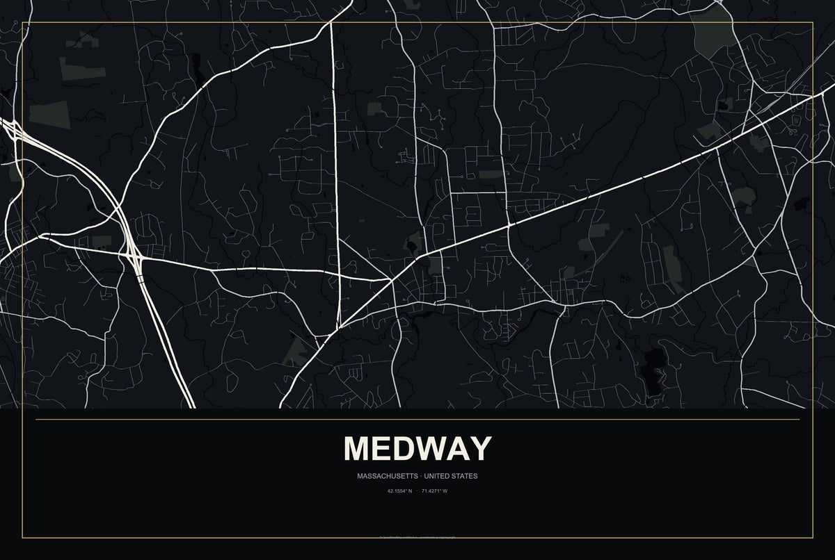 Medway, Massachusetts City Map Aluminum Sign in Metropolitan Noir style