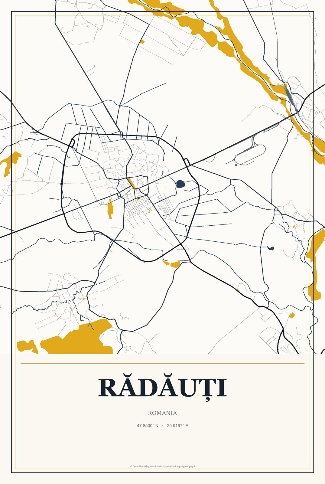 Rădăuți, Romania City Map Aluminum Sign in Citrine Modern style