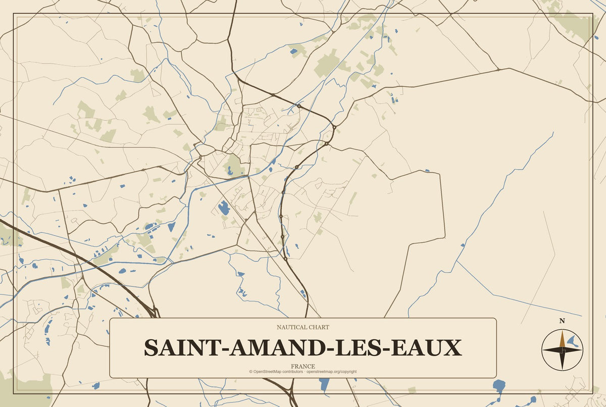 Saint-Amand-les-Eaux, France City Map Aluminum Sign in Heritage Nautical style