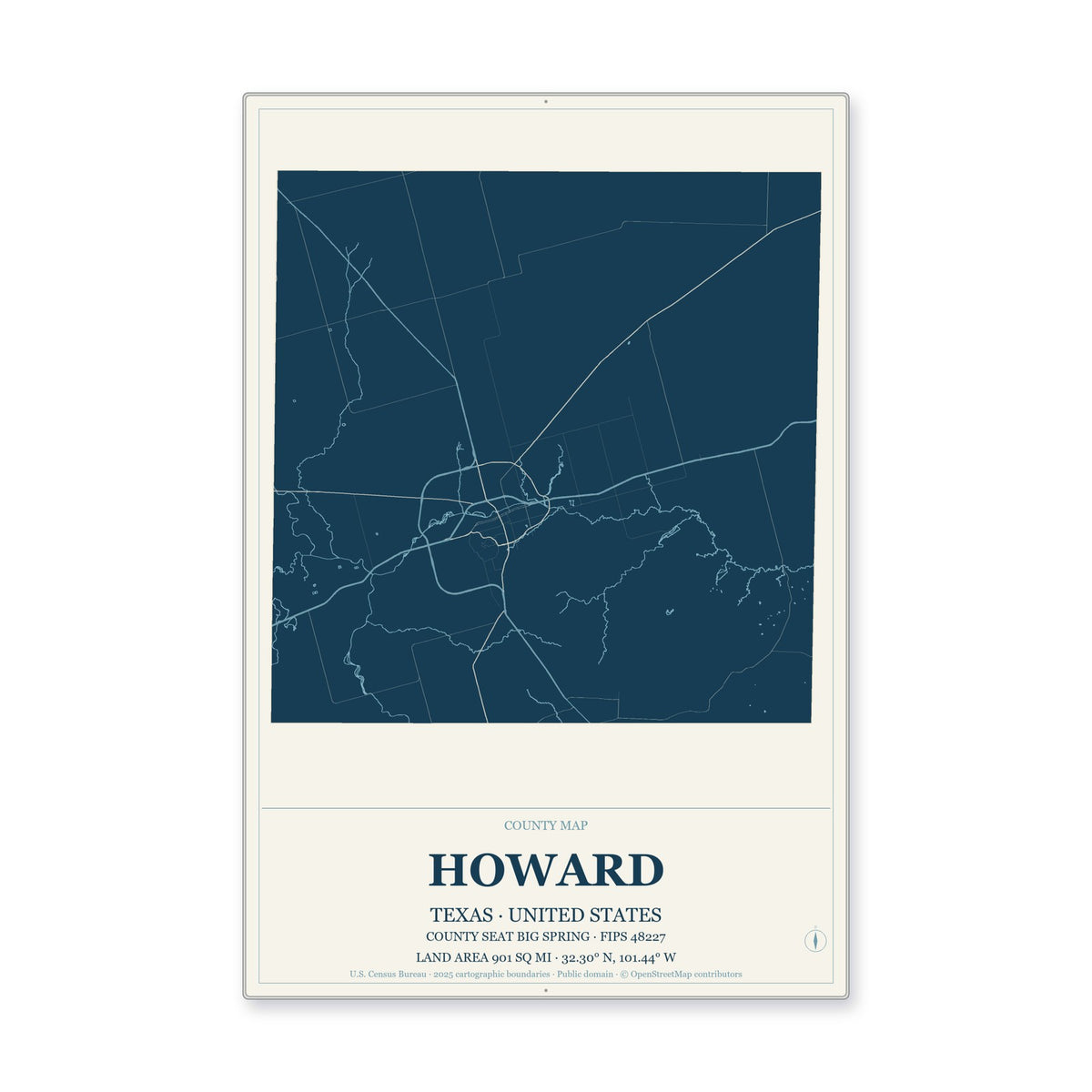 Howard County, Texas Map Aluminum Sign in Coastal Cutout style