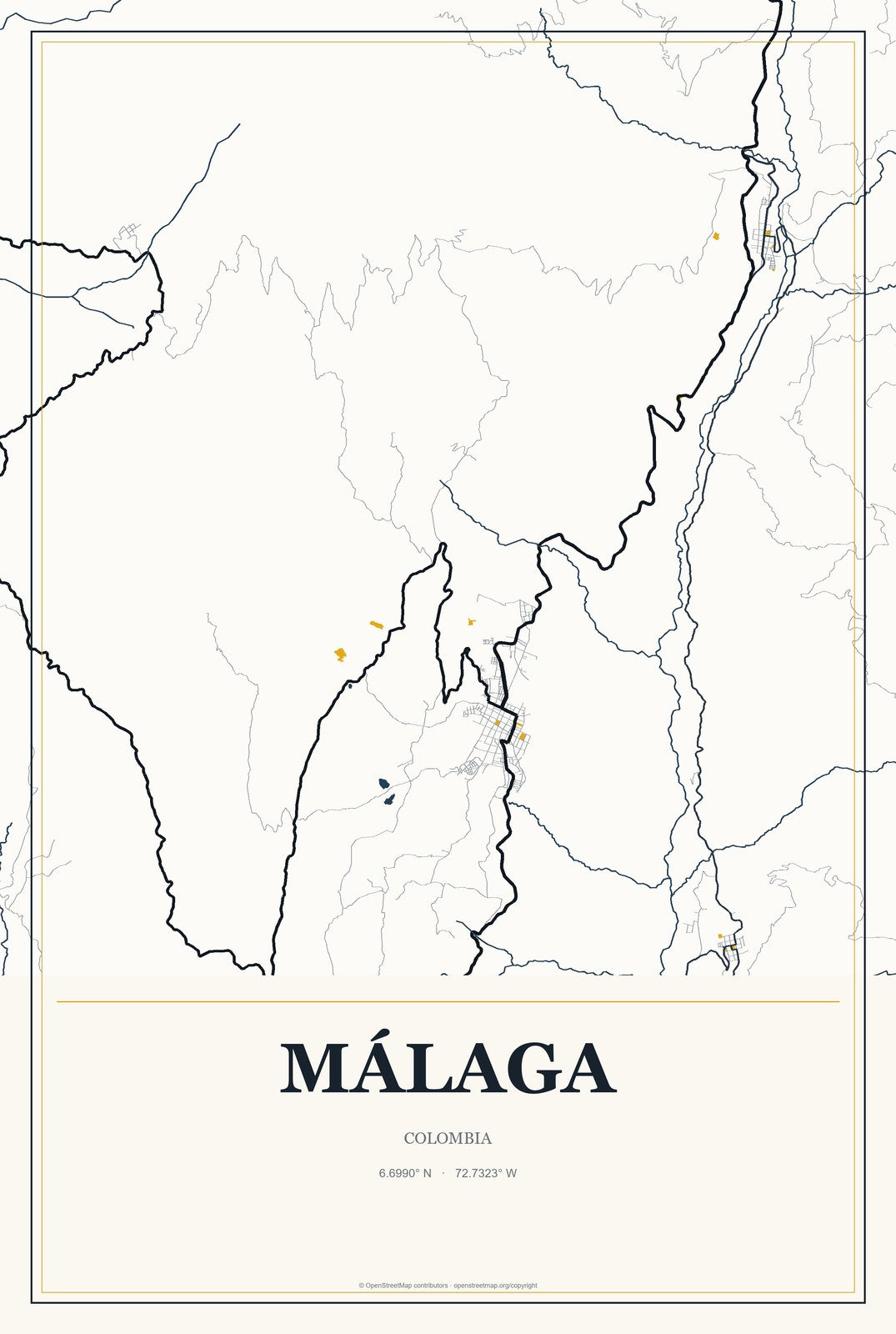 Málaga, Colombia City Map Aluminum Sign in Citrine Modern style