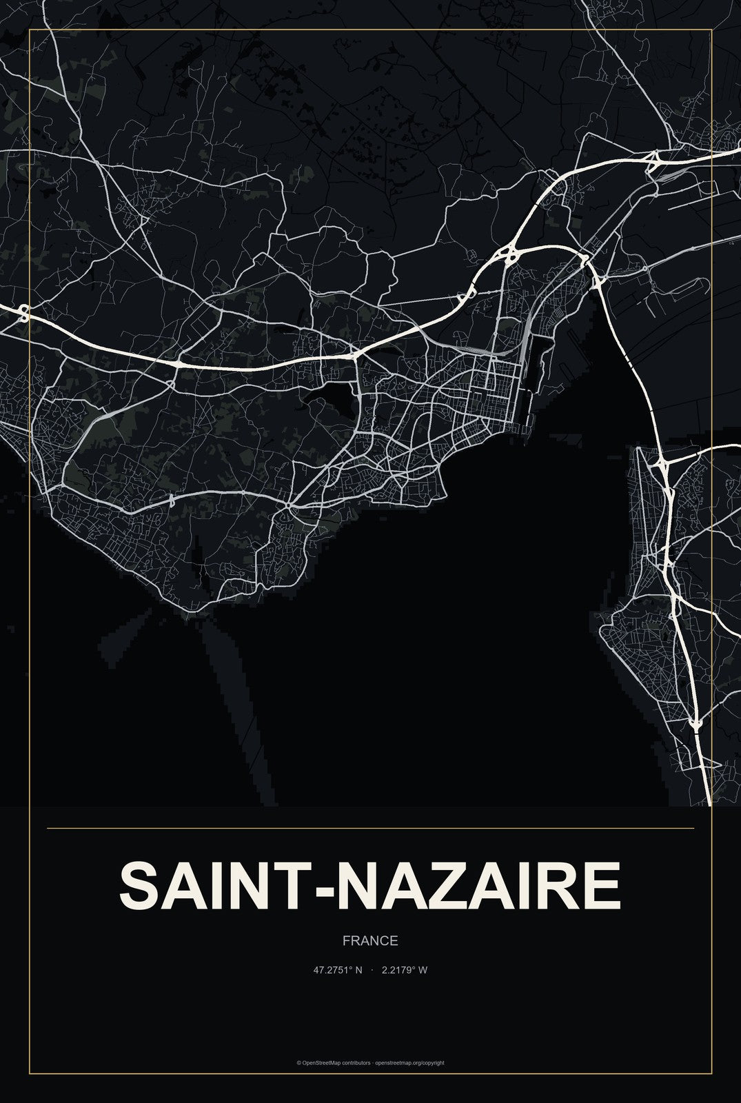 Saint-Nazaire, France City Map Aluminum Sign in Metropolitan Noir style