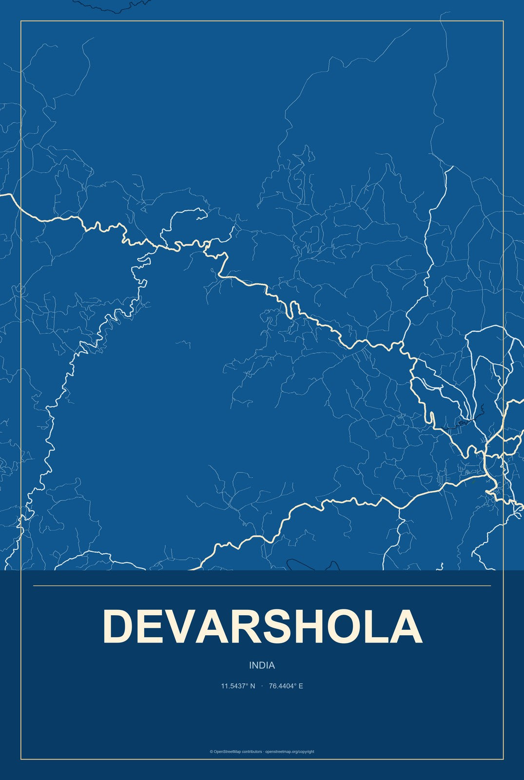 Devarshola, India City Map Aluminum Sign in Harbor Cobalt style