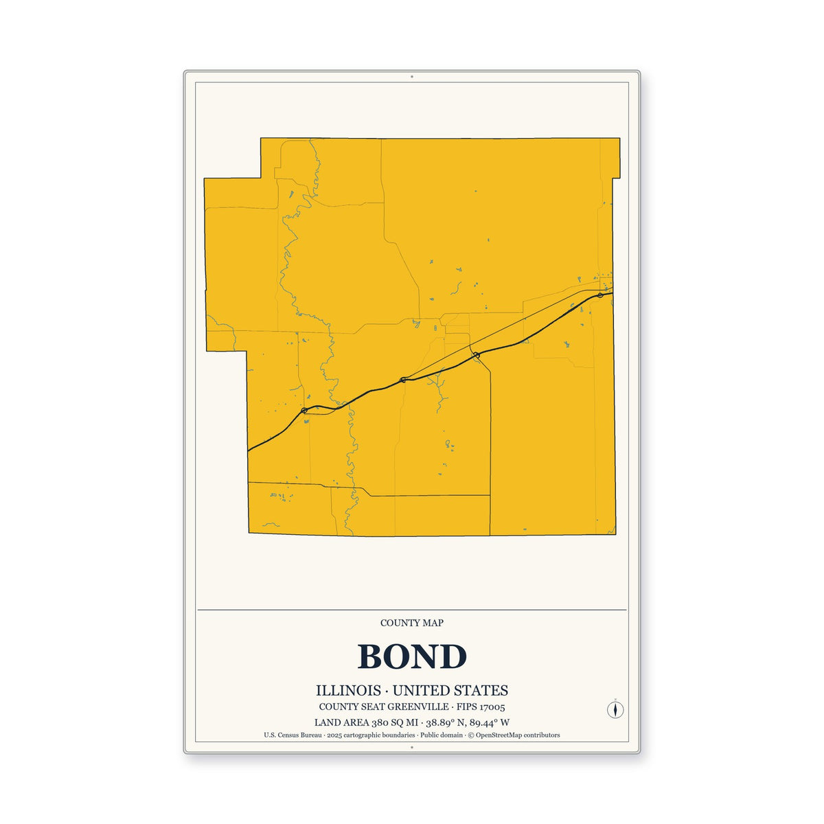 Bond County, Illinois Map Aluminum Sign in Citrine Modern style