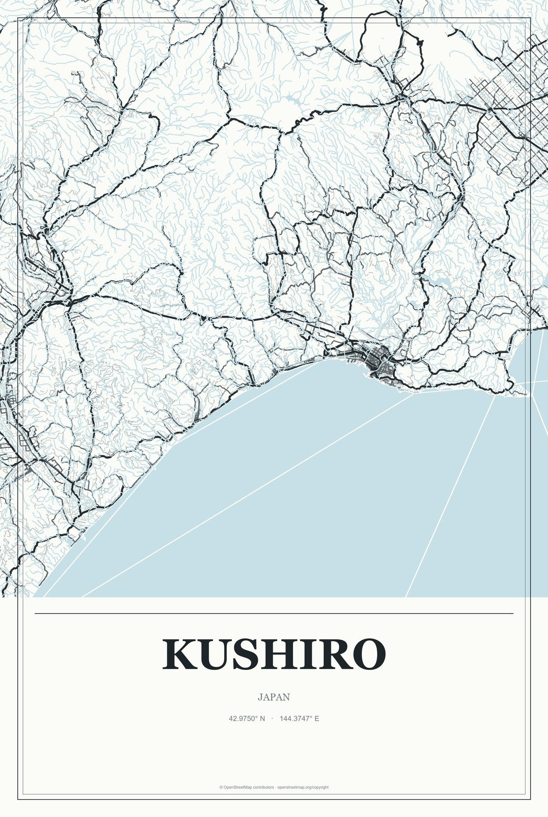 Kushiro, Japan City Map Aluminum Sign in Gallery Air style