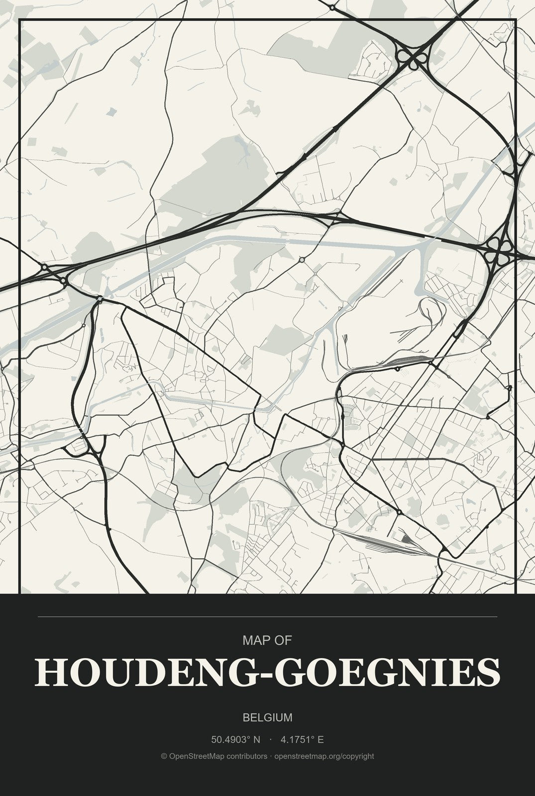 Houdeng-Goegnies, Belgium City Map Aluminum Sign in Museum Plaque style